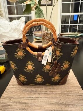 Madison studio canvas pineapple bag with faux leather trim, NWT